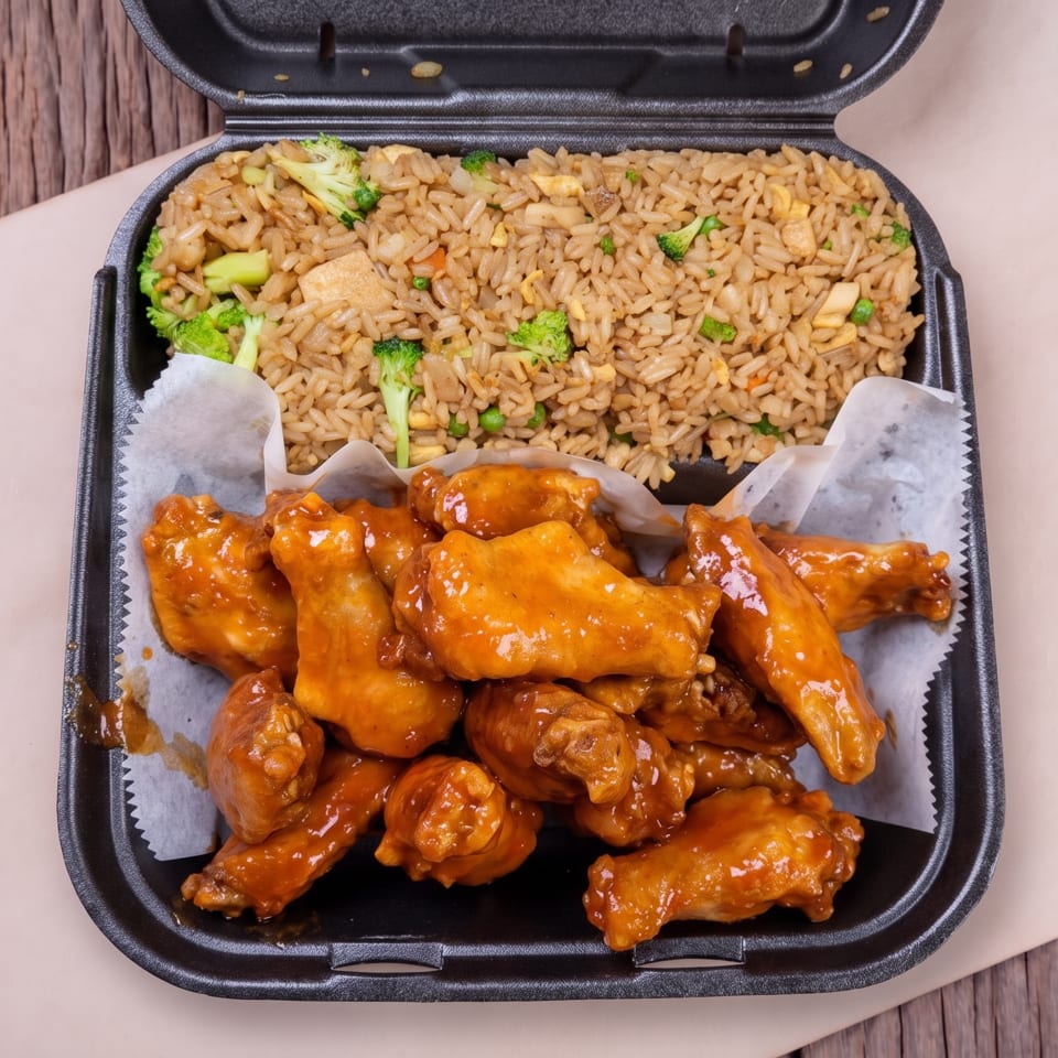 Takeout container with orange-glazed chicken wings and fried rice with broccoli.