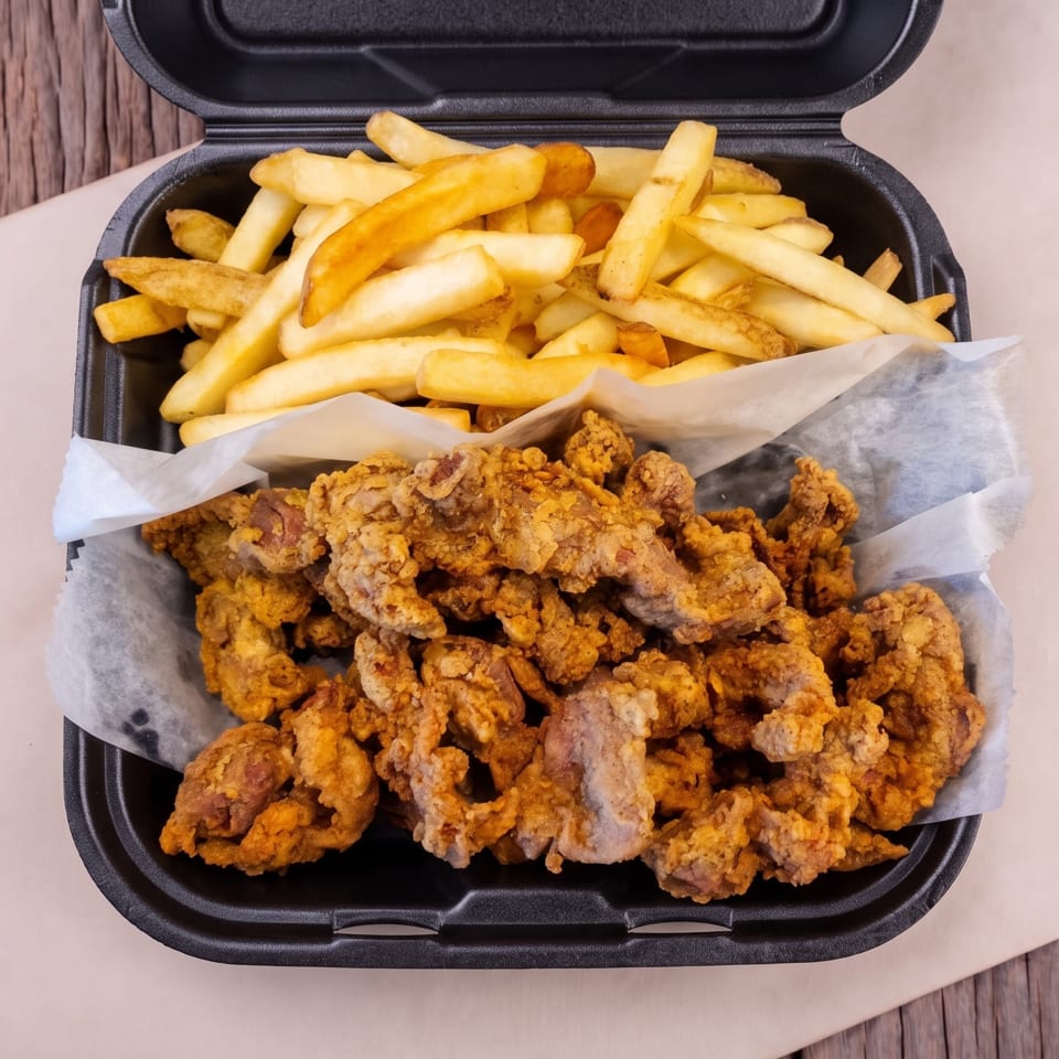 Fried chicken gizzards and french fries in a black takeout container on a wooden table.