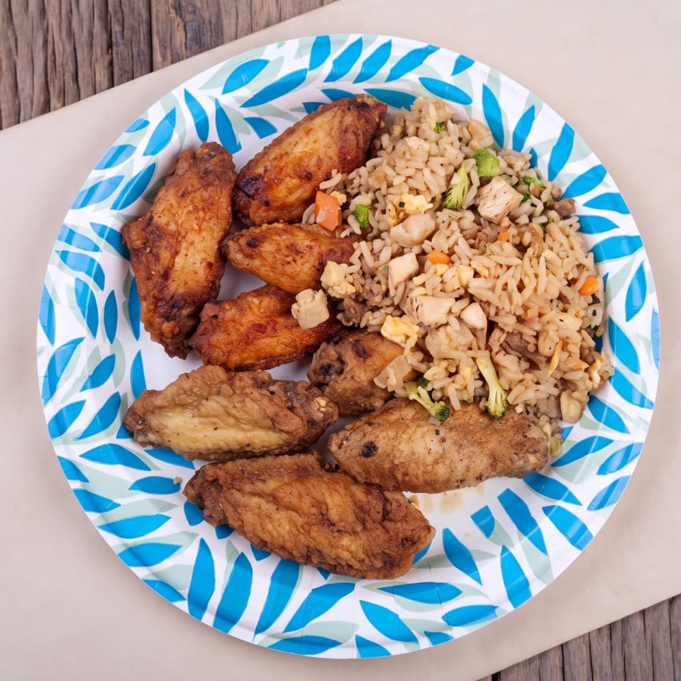 A paper plate with golden brown fried chicken wings and chicken fried rice with vegetables.
