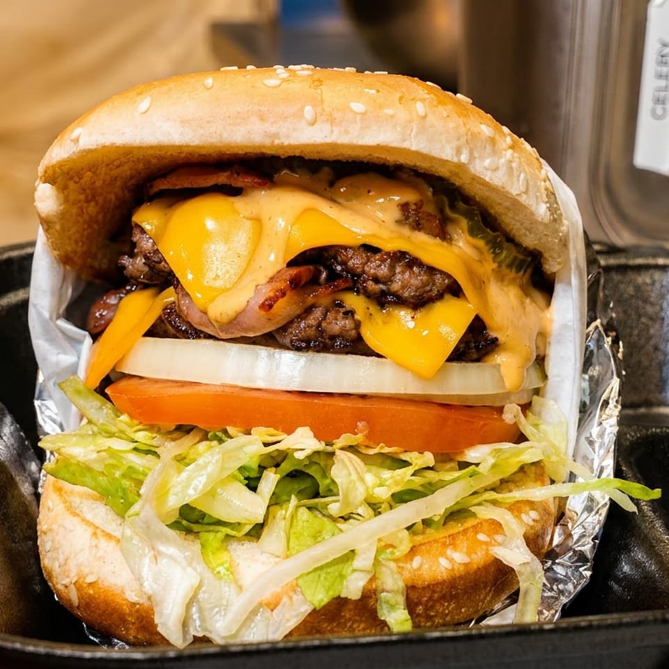 A double cheeseburger with bacon, cheese, lettuce, tomato, and onion in a black takeout container.